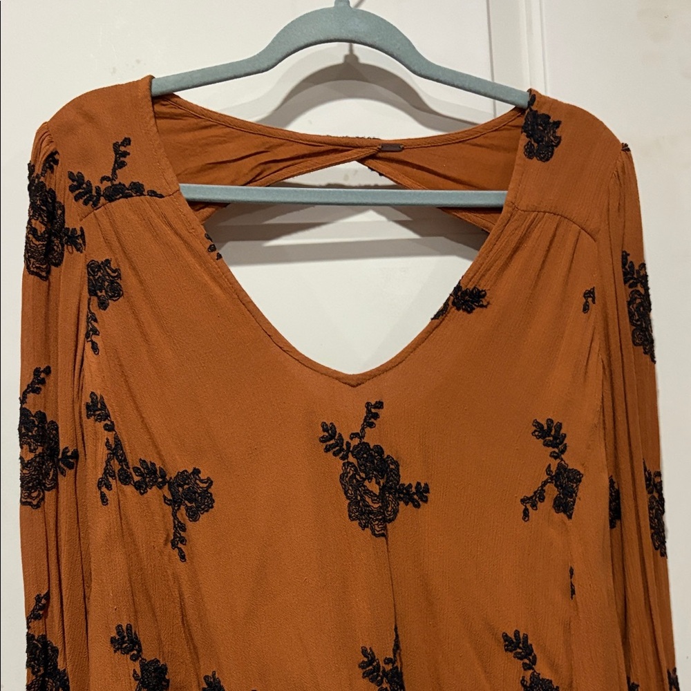 Free People Rust and Black Floral Long Sleeve Dress